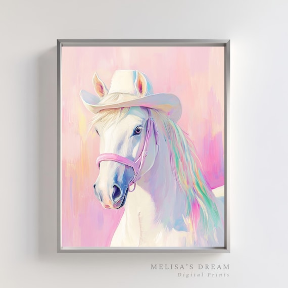 Cowgirl Horse Wall Art Pastel White With Hat Western Nursery Decor Pink Farmhouse Print For Girls Room