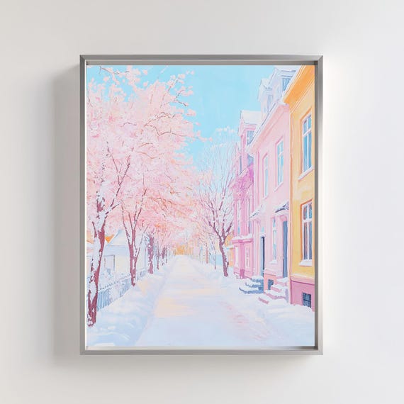 Winter Street Art Pastel Cityscape With Snowy Pink Tree Serene Winter Wonderland Decor City Winter Scene Winter Wall Decor