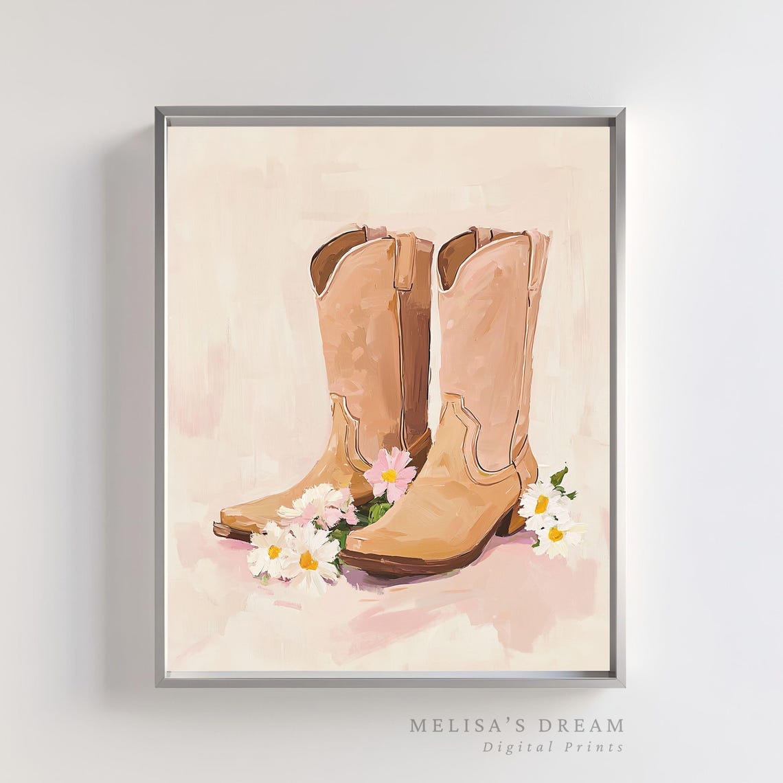 Tan Cowboy Boots with Daisies Soft Pastel Western Floral Poster