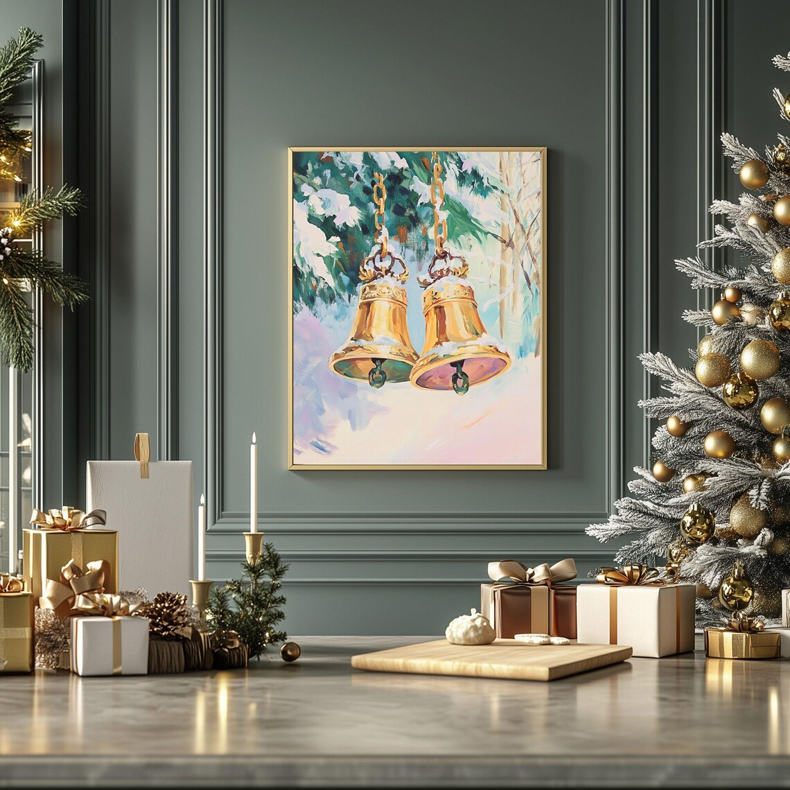 Golden Christmas Bells In Snow Festive Winter Holiday Art Poster - Image 2