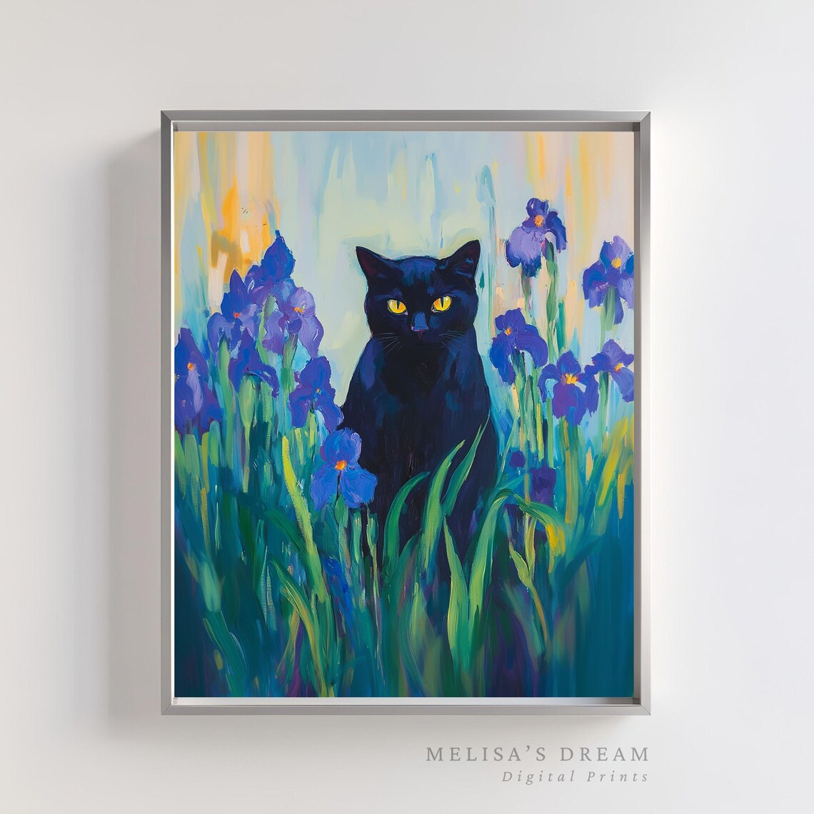 Black Cat Among Purple Irises Colorful Floral Feline Painting Poster