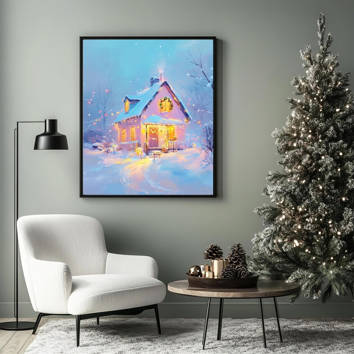 Cozy Christmas Cottage Art Print, Winter Wonderland - Image 2