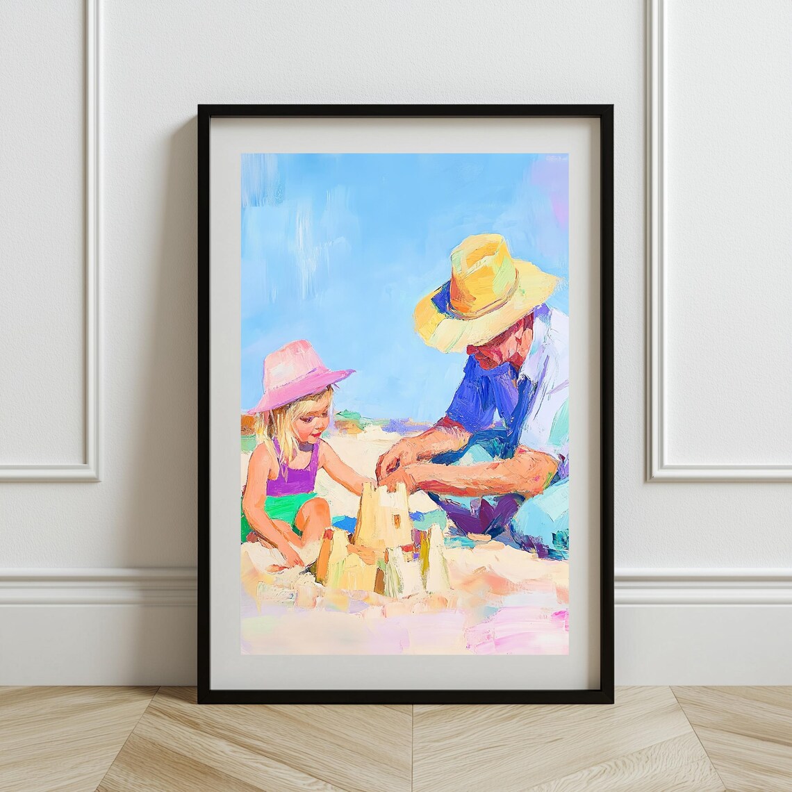Beach Sandcastle, Grandfather And Child Scene Art Print - Image 3
