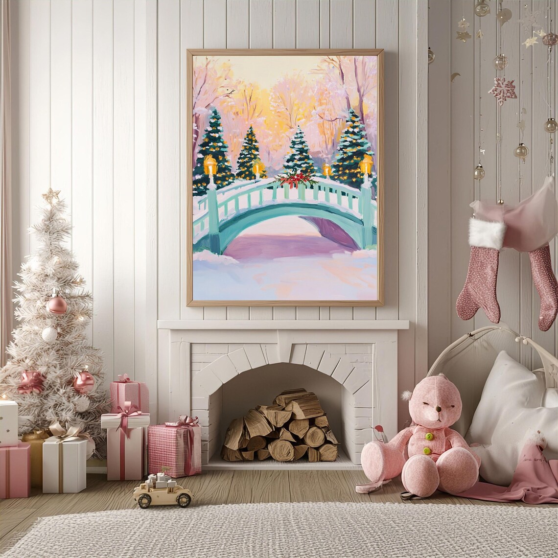 Christmas Bridge Art, Snowy Winter Wonderland Scene - Image 3