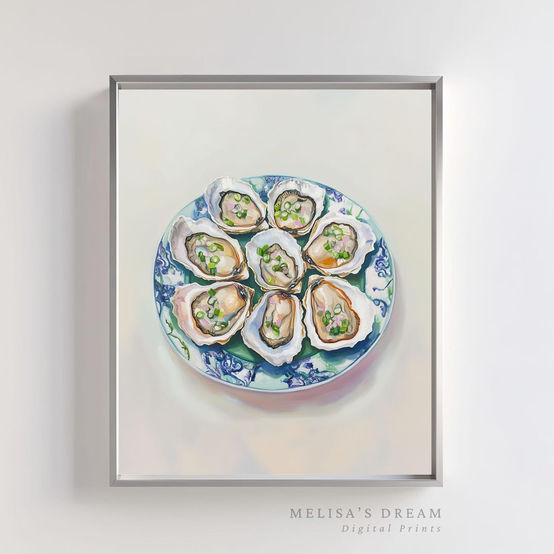 Fresh Oysters On Blue Patterned Plate Watercolor Kitchen Poster