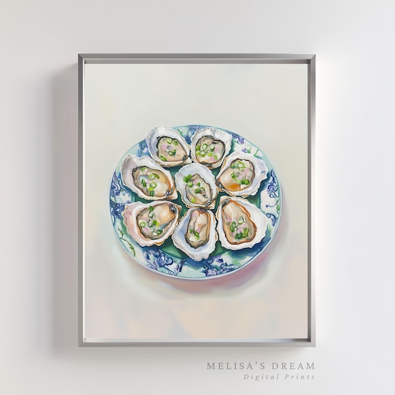 Fresh Oysters On Blue Patterned Plate Watercolor Kitchen Poster