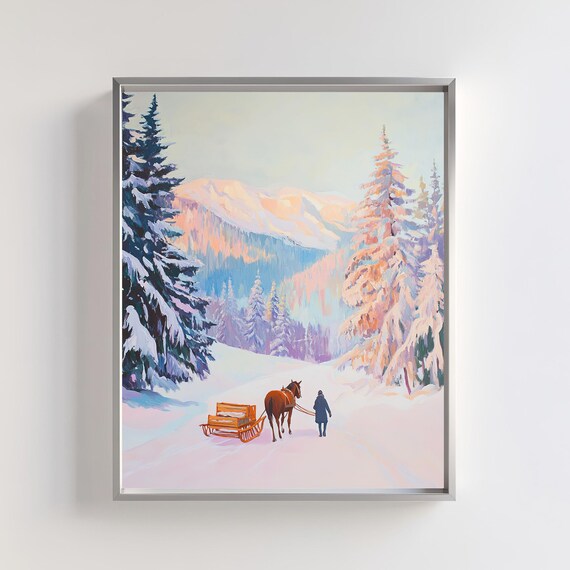 Horse Drawn Sleigh In Snowy Mountain Forest Scene Art Poster