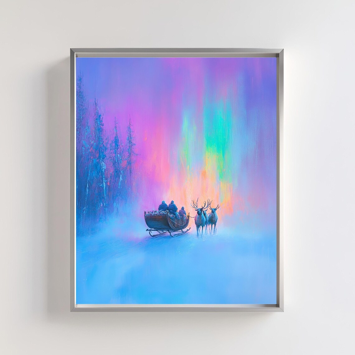 Christmas Sleigh Ride Reindeer Aurora Borealis Print