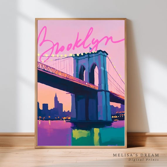 Brooklyn Bridge Pink Sunset New York City Skyline Landmark Poster