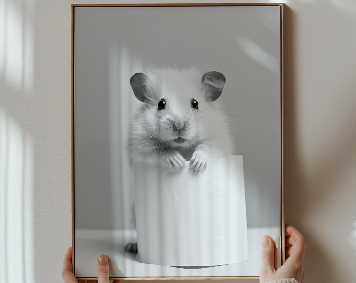 Cute White Hamster Over Toilet Paper Roll Funny Bathroom Poster - Image 3