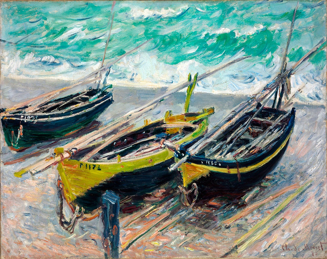 Claude Monet Three Fishing Boats Beached Shore Seascape Poster - Image 2