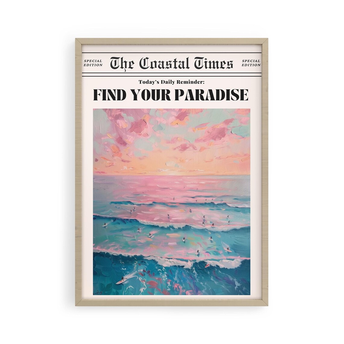 Find Your Paradise Coastal Times Surfer Sunset Daily Wall Art