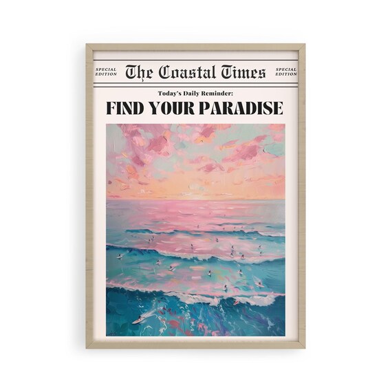 Find Your Paradise Coastal Times Surfer Sunset Daily Wall Art