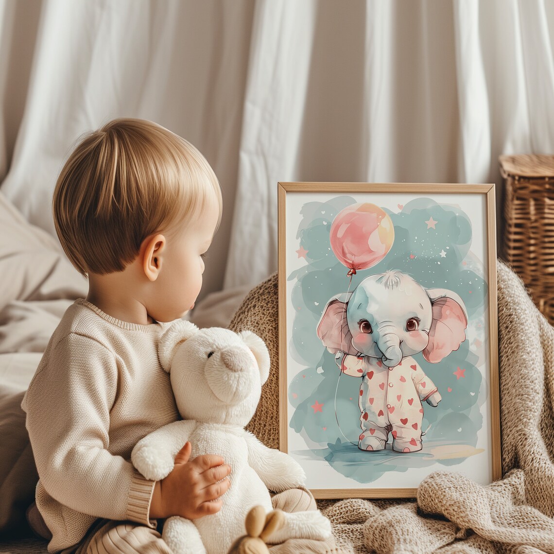 Sweet Baby Elephant in Heart Pajamas with Balloon Nursery Poster - Image 2