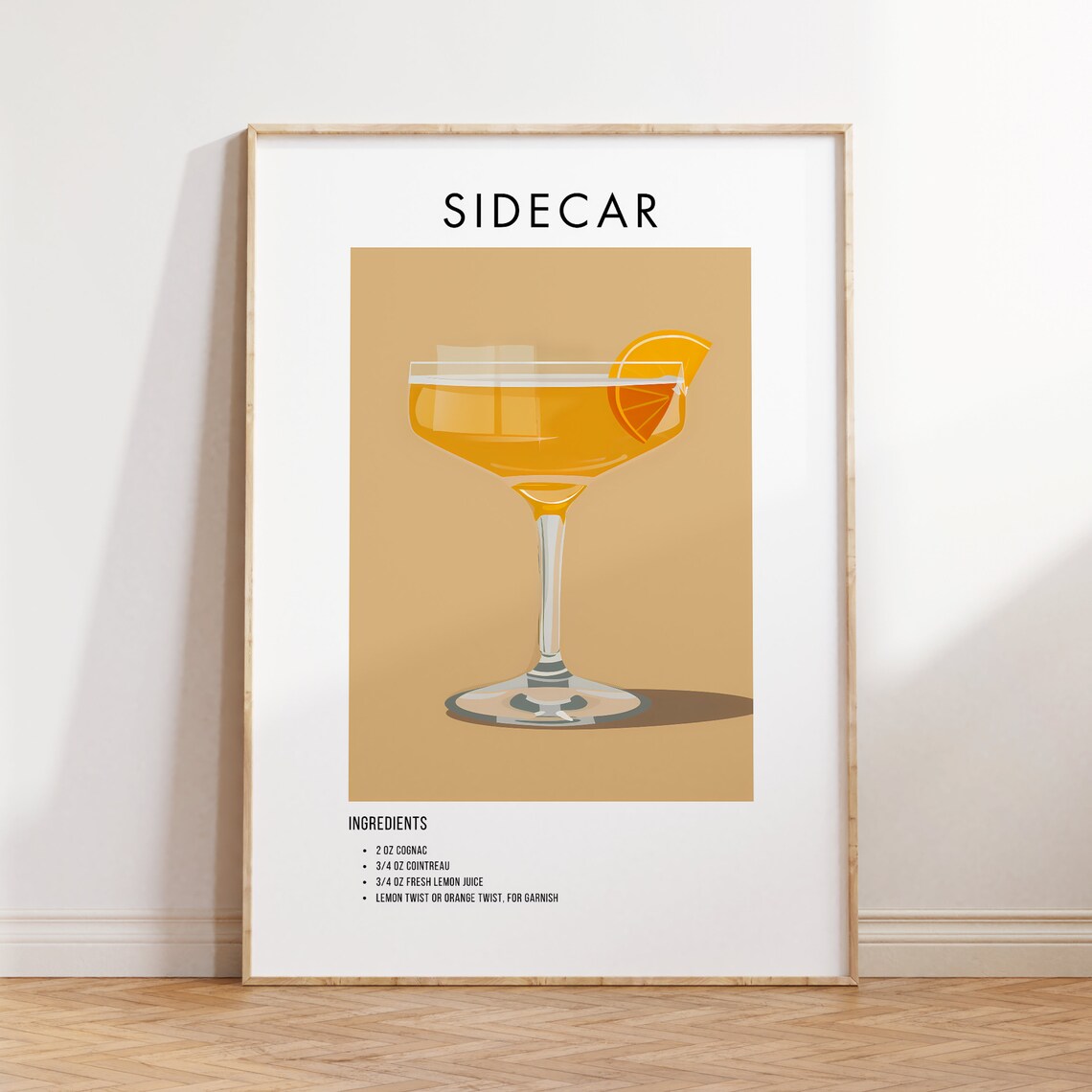 Sidecar Classic Cognac Cocktail Recipe Ingredient Art Poster