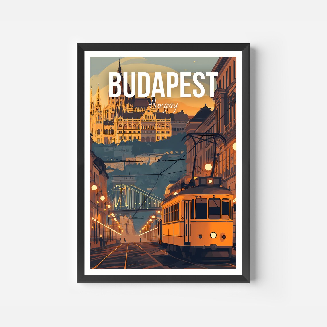 Budapest Hungary Night Tram Parliament Bridge Lights Travel Poster - Image 2
