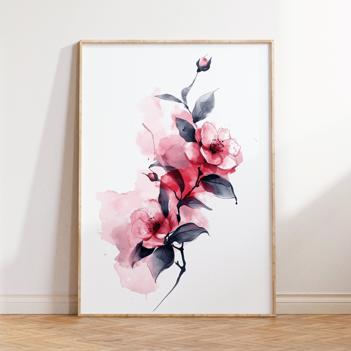 Red Camellia Watercolor Blossom Branch Elegant Flower Poster