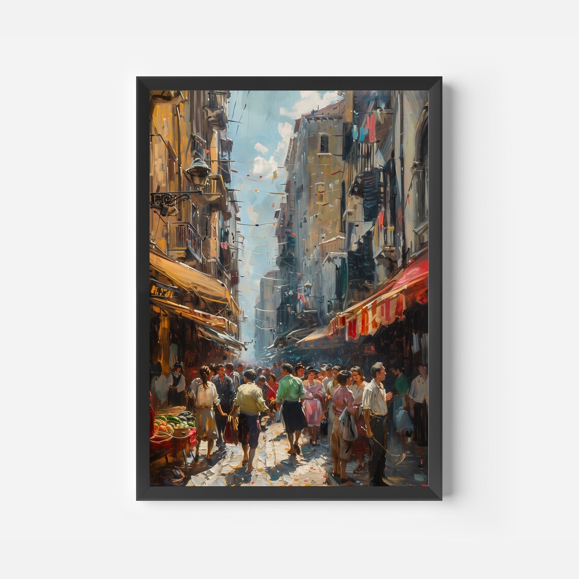 European Market Street Oil Painting Crowded Bazaar Sunlit Alley Poster - Image 2