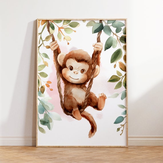 Monkey Nursery Poster Watercolor Art Wall Art Playroom Decor Watercolor Style Poster Wall Decor For Kids