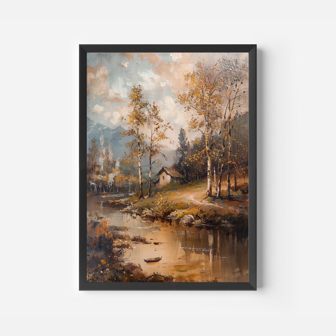 Autumn Birch Forest Cabin Oil Painting Golden Riverside Retreat Poster - Image 2