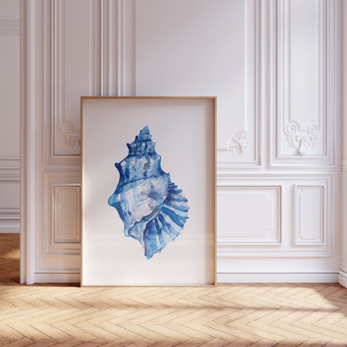 Blue Conch Shell Watercolor Coastal Ocean Botanical Art Print - Image 2