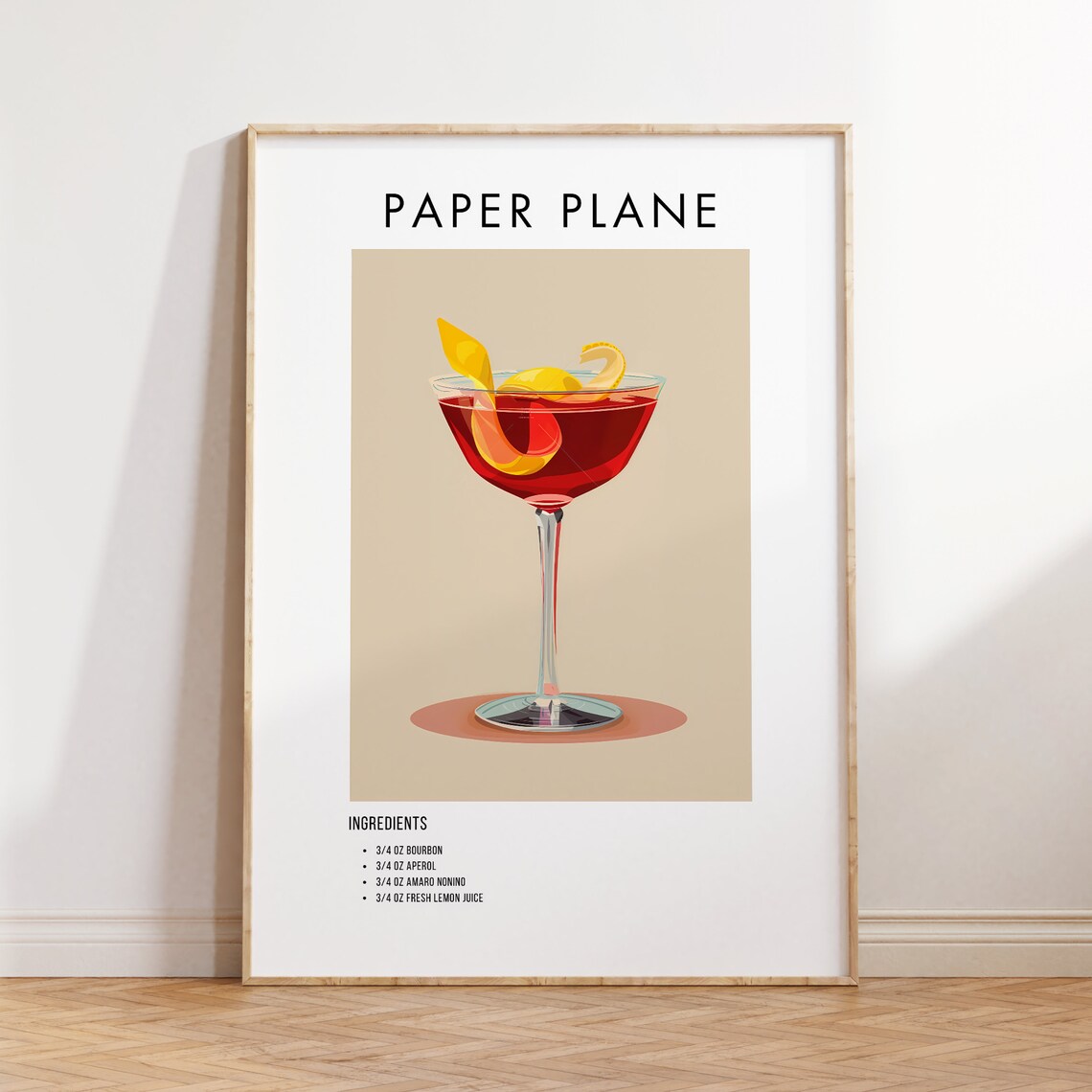 Paper Plane Cocktail Recipe Card Modern Kitchen Bar Art Poster