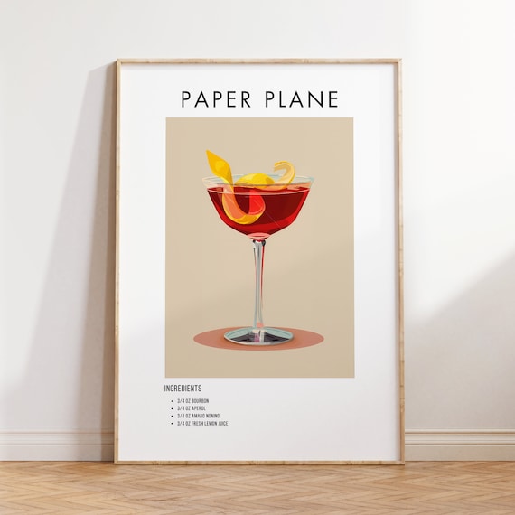 Paper Plane Cocktail Recipe Card Modern Kitchen Bar Art Poster