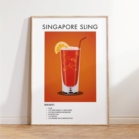 Singapore Sling Classic Gin Cocktail Recipe Ingredient Art Poster