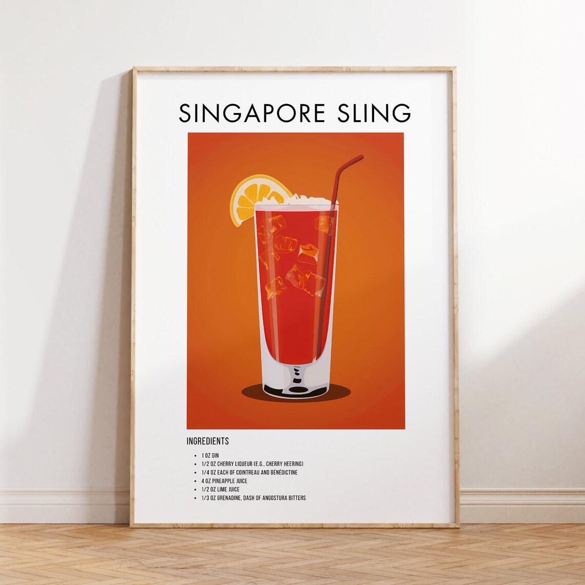 Singapore Sling Classic Gin Cocktail Recipe Ingredient Art Poster