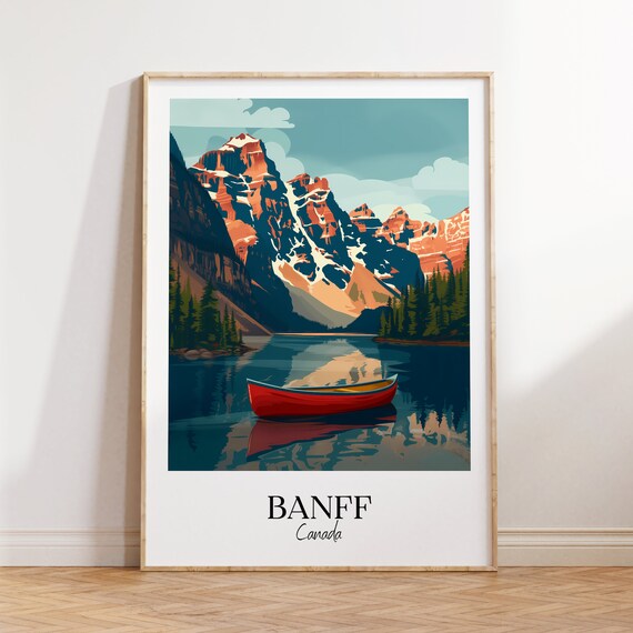 Banff Canada Red Canoe Mountain Lake Vintage Travel Art Poster