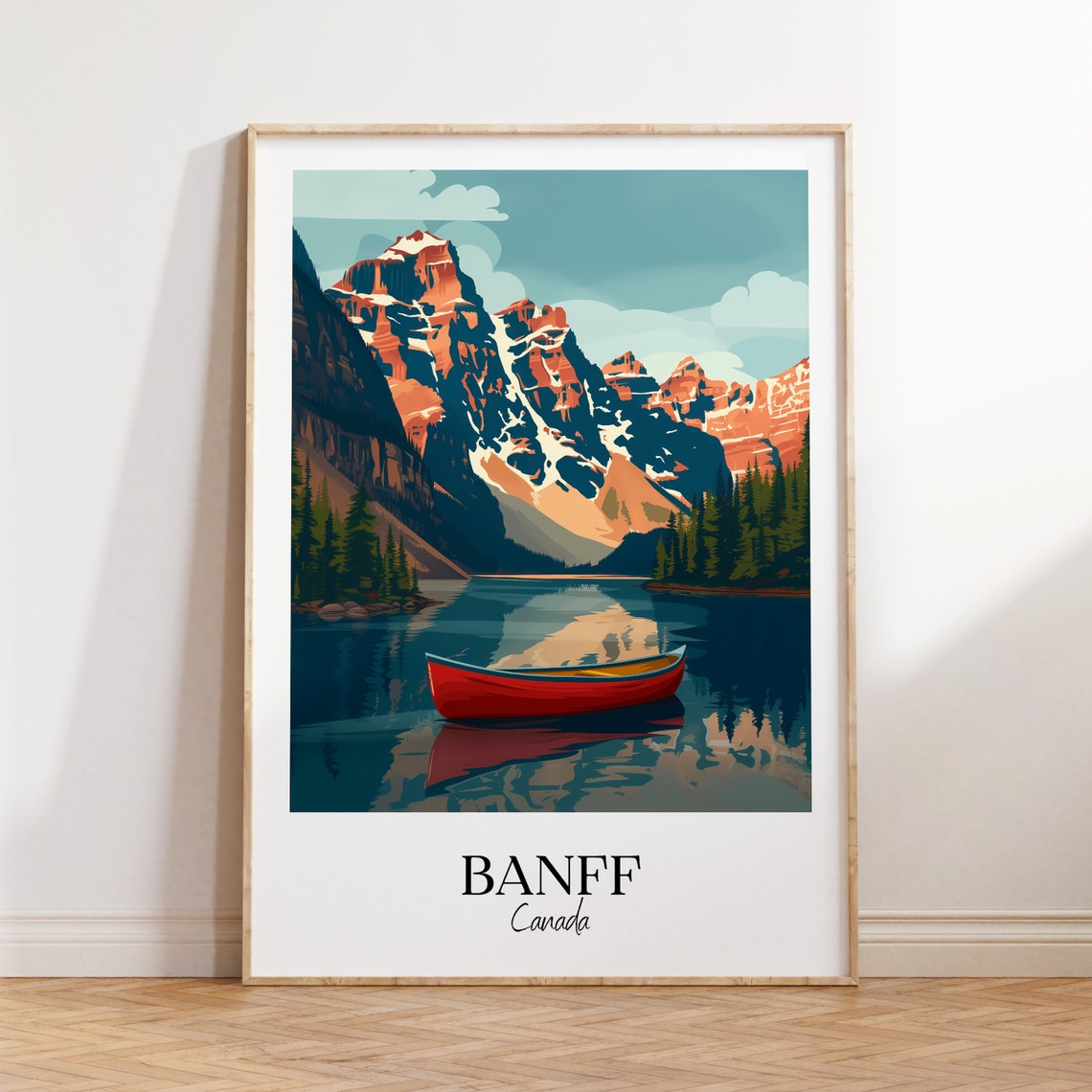 Banff Canada Red Canoe Mountain Lake Vintage Travel Art Poster