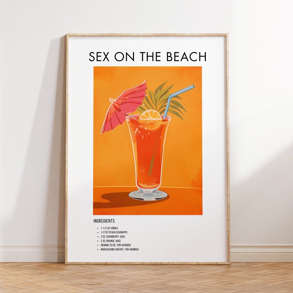 Sex On The Beach Cocktail Recipe Card Modern Kitchen Bar Art Poster
