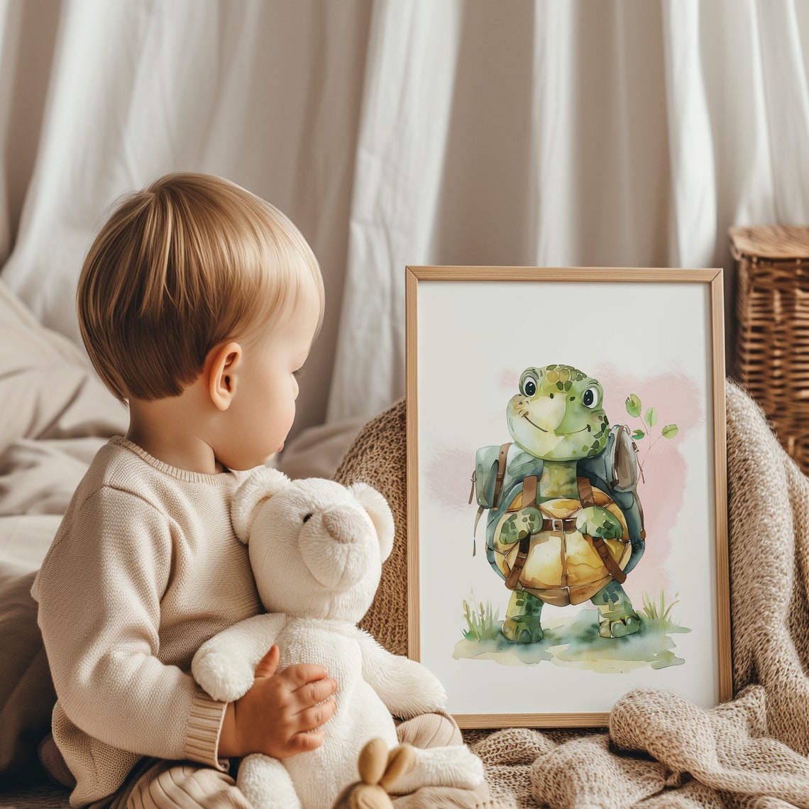 Turtle Backpack Adventurer Watercolor Cute Nursery Kids Room Print - Image 2