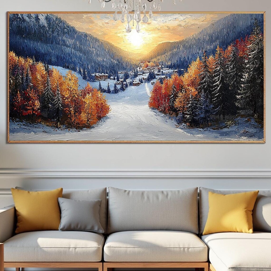 Golden Larch Valley Snow Village Sunset Impasto Winter Art Poster