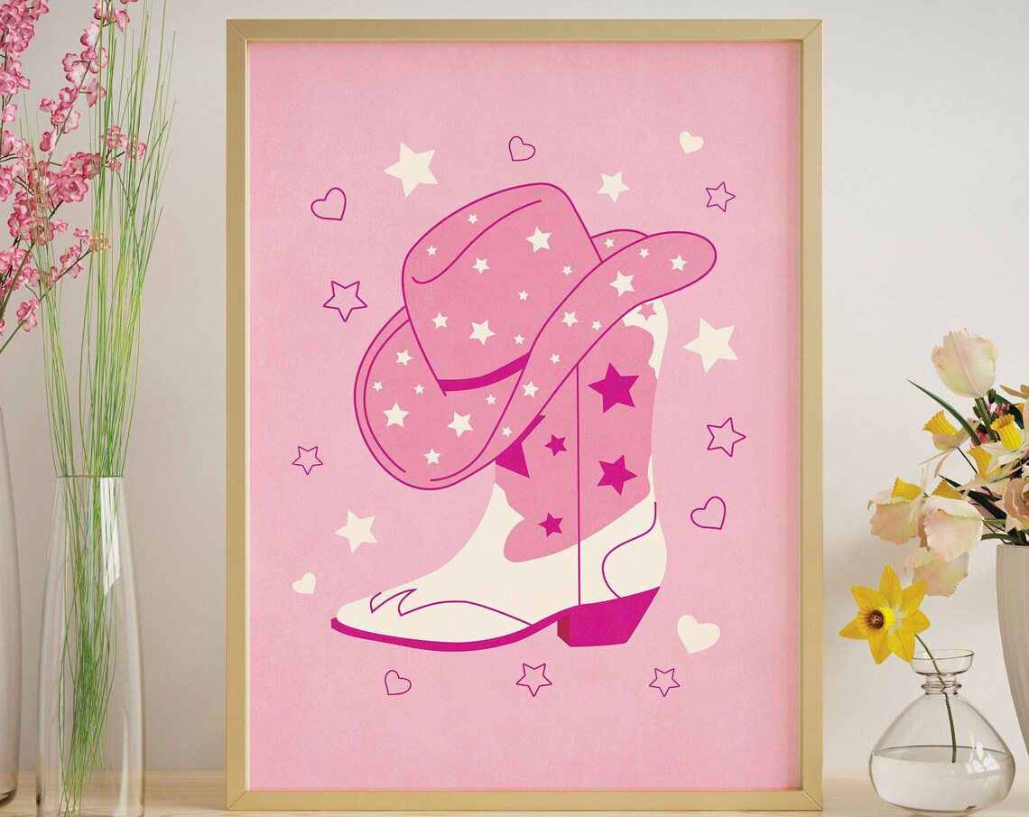 Pink Cowgirl Hat and Boot Western Illustration With Stars Poster