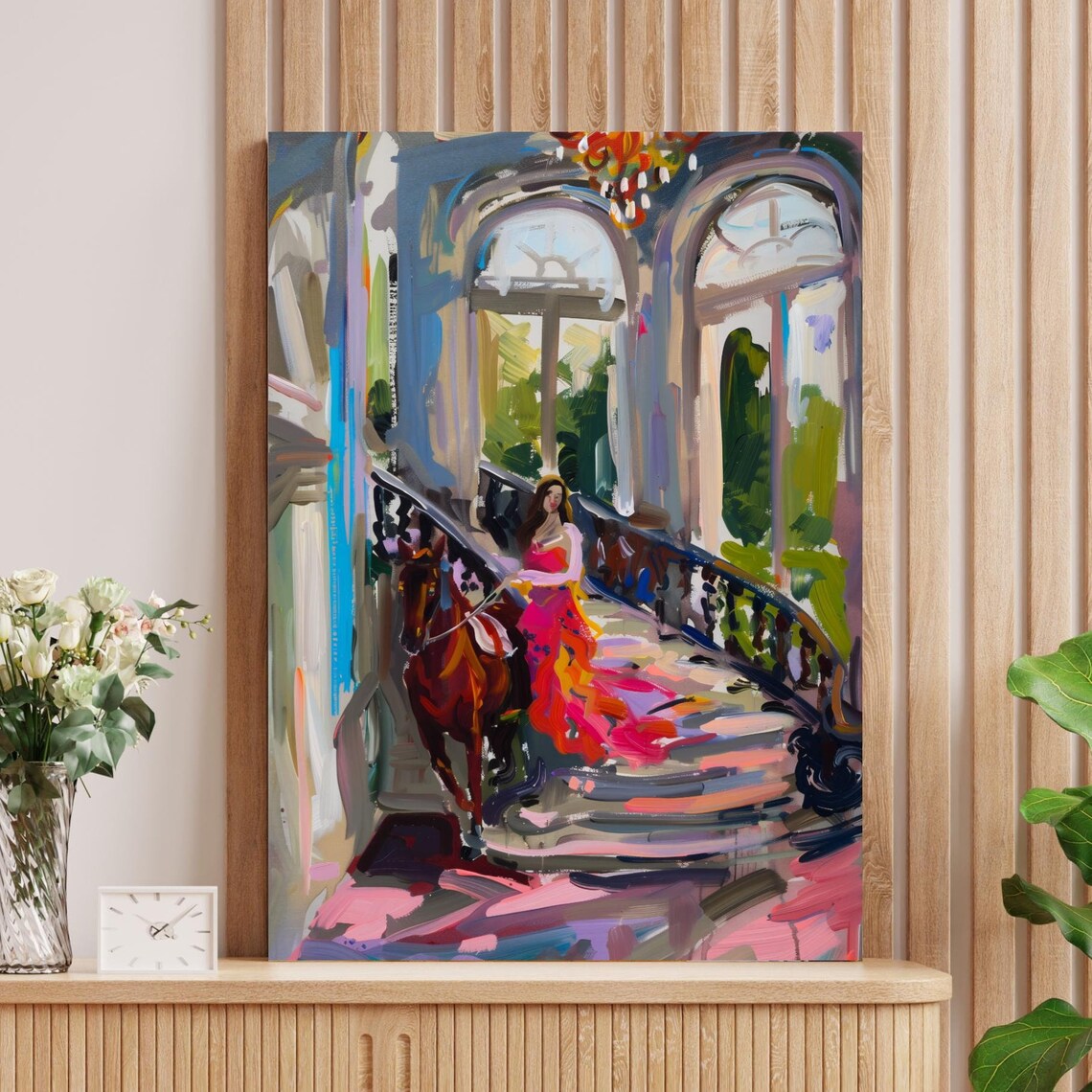 Woman in a Red Gown Leading a Horse Down a Grand Staircase Poster