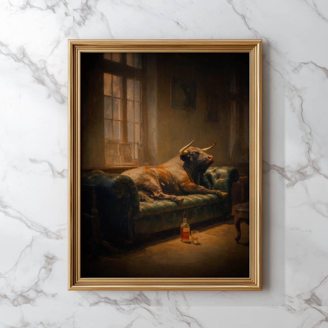 Bull Resting on Chesterfield Sofa Moody Oil Painting Animal Wall Art