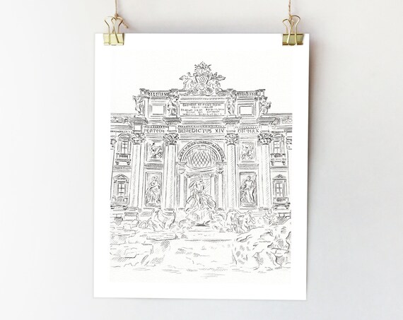 Trevi Fountain, Rome Italy Watercolor Sketch Art Print