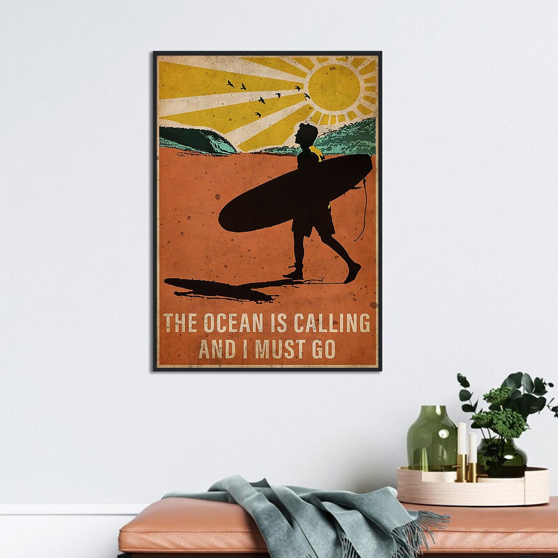 The Ocean Is Calling And I Must Go Retro Surfer Sunset Poster - Image 3