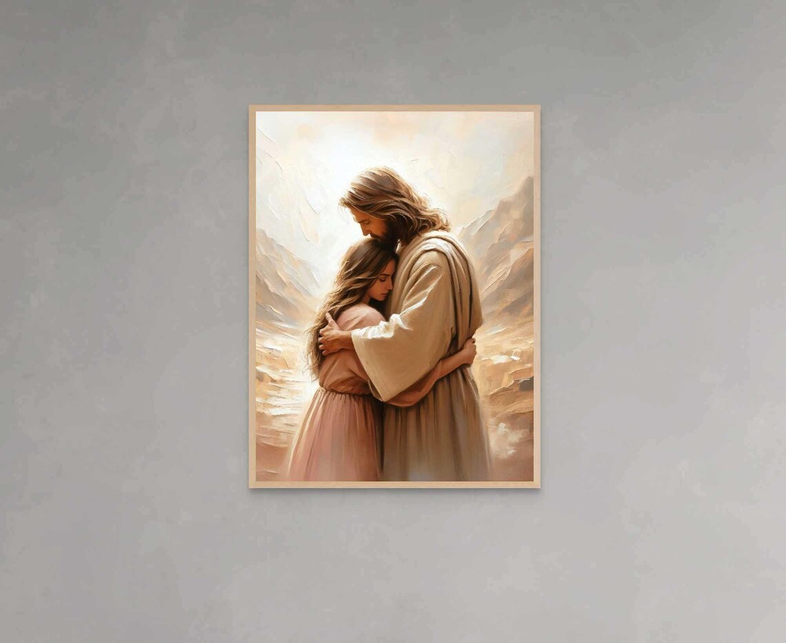 Jesus Hugging Girl by the Sea at Sunset Rocky Shore Art Poster