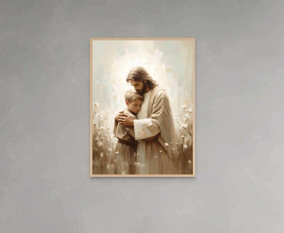 Jesus Holding Boy Close in Soft Flower Field Christian Poster