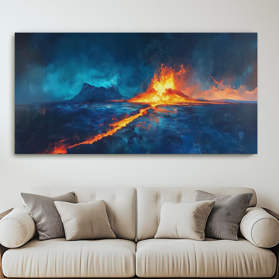 Volcano Erupting at Night With Molten Lava Over Ocean Poster