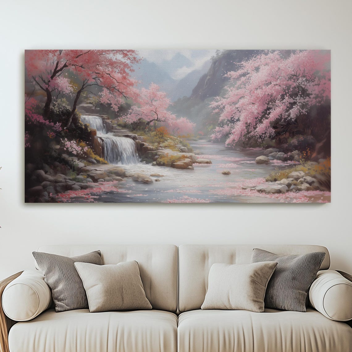 Cherry Blossom River Waterfall Pink Sakura Spring Meadow Art Print