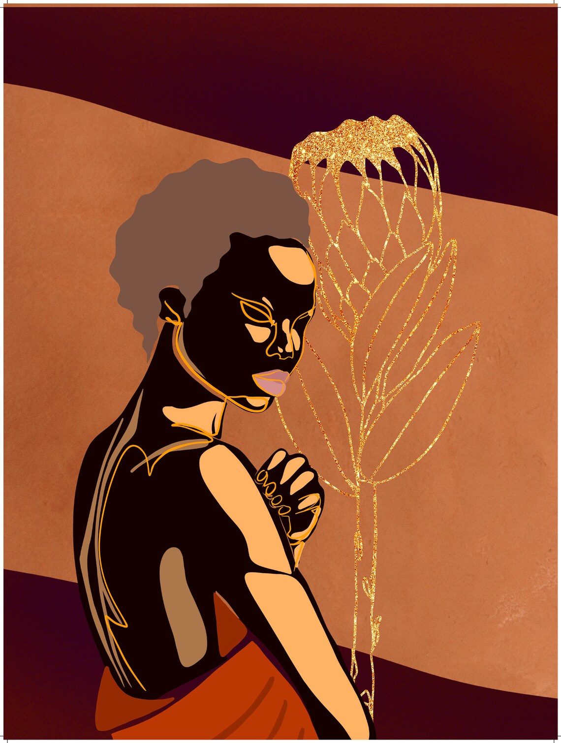 Black Woman Golden Protea Glitter Flower Terracotta Art Poster - Image 2