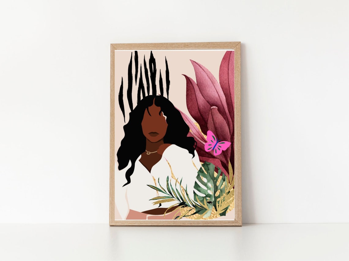 Black Woman Tropical Leaves Pink Butterfly Boho Portrait Poster - Image 3