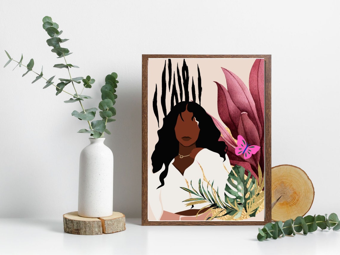 Black Woman Tropical Leaves Pink Butterfly Boho Portrait Poster