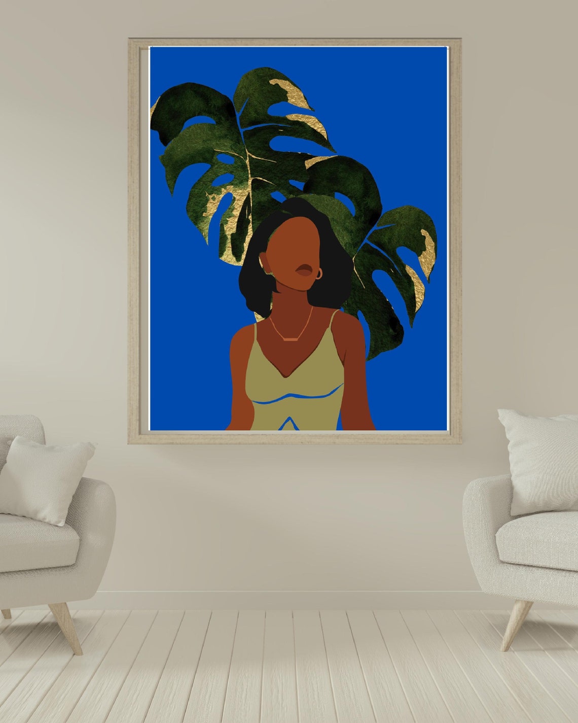 Bold Woman Monstera Leaves Gold Cobalt Blue Tropical Art Poster - Image 3