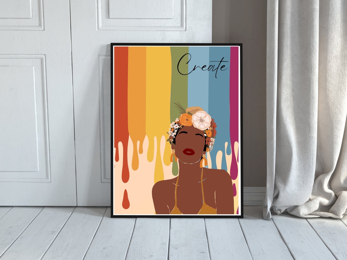 Create Script Colorful Rainbow Drip Floral Crown Woman Art Print