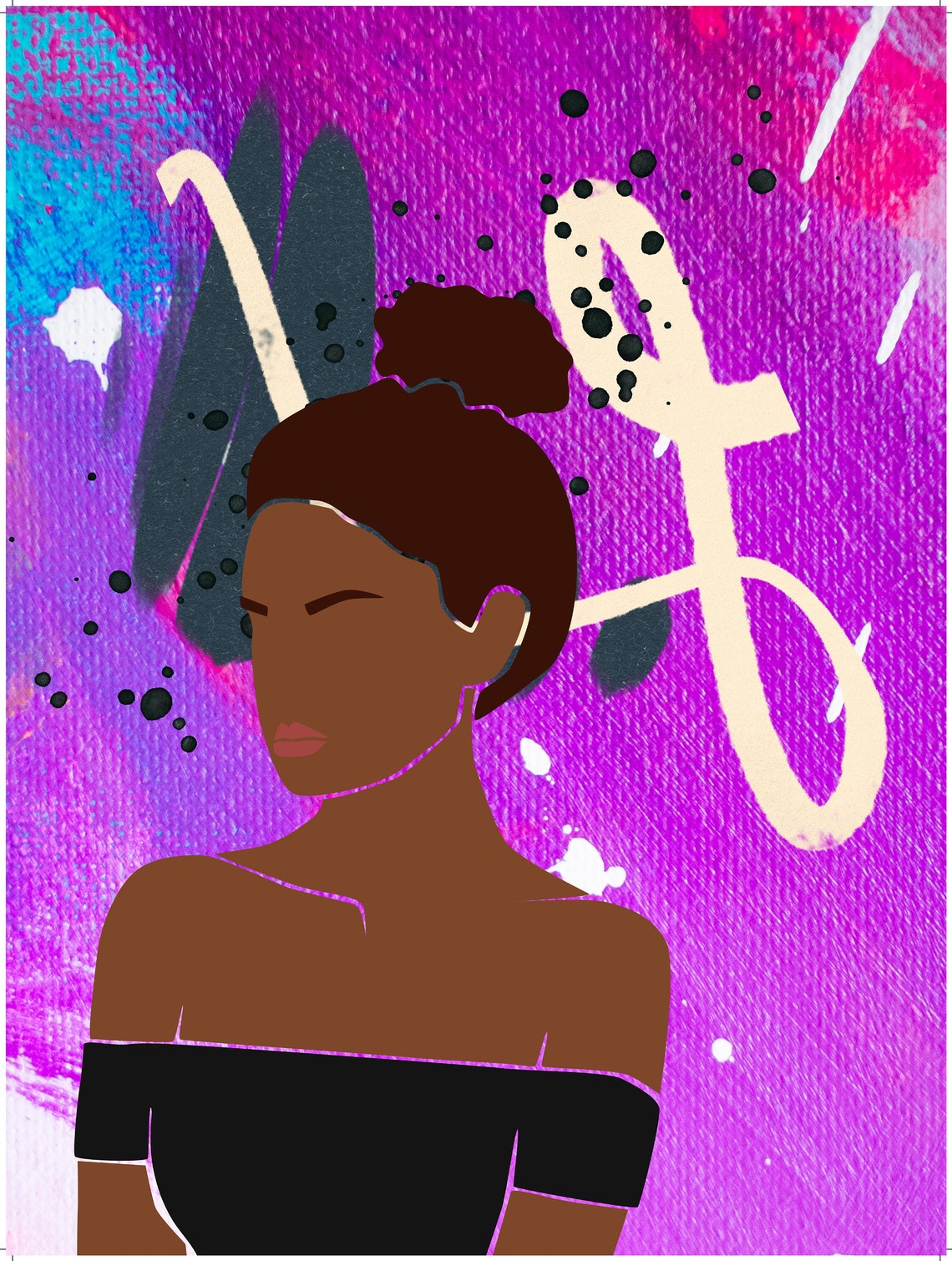 Woman Top Bun Magenta Purple Paint White Scribble Art Poster - Image 3
