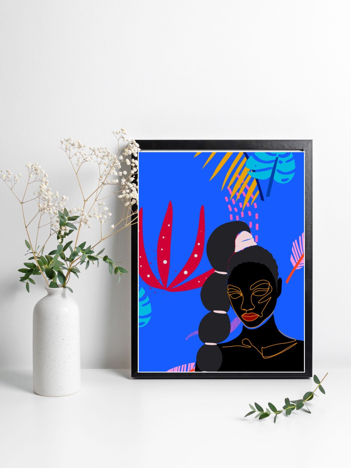 Tropical Woman Line Art Palm Leaves Blue Background Art Poster